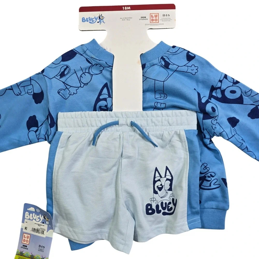 Bluey Sweat Short Set Boys 18M Blue 2 Piece Pouch Sweatshirt Cartoon Shorts Fall
